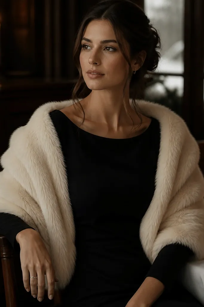 A cream faux-fur stole draped over shoulders over a fitted black dress. The background looks like a winter restaurant with candlelight and dark wood.