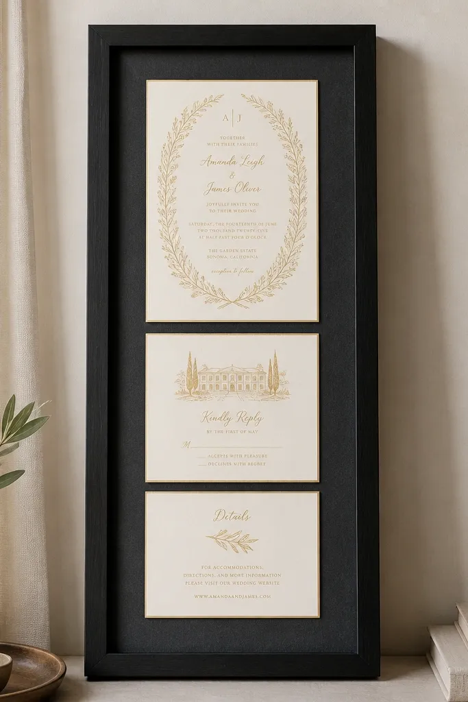 A tall black shadow box frame with charcoal-gray backing. Three wedding cards are mounted in a neat vertical line, with gold-ink text visible. A thin black mat borders the cards, and the top card edge aligns perfectly.