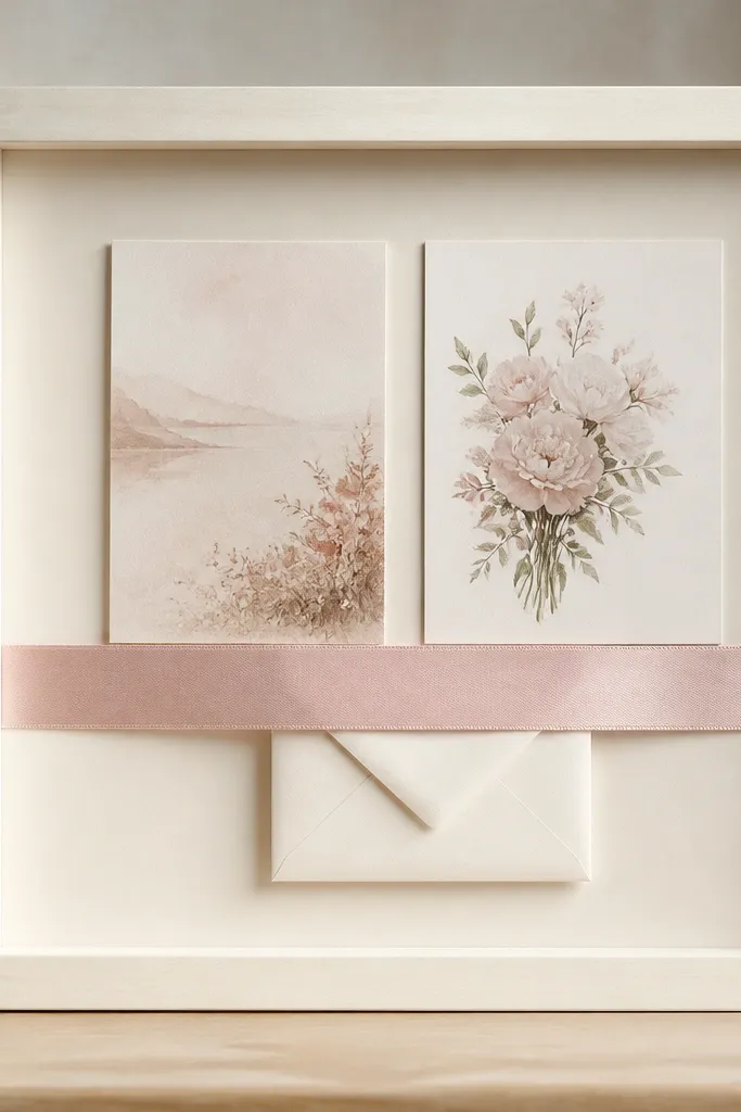 A cream wooden shadow box with a soft off-white mat. A blush satin ribbon strip runs horizontally behind the cards like a bookmark. Two cards are mounted above it, and one small envelope is tucked under the ribbon edge.