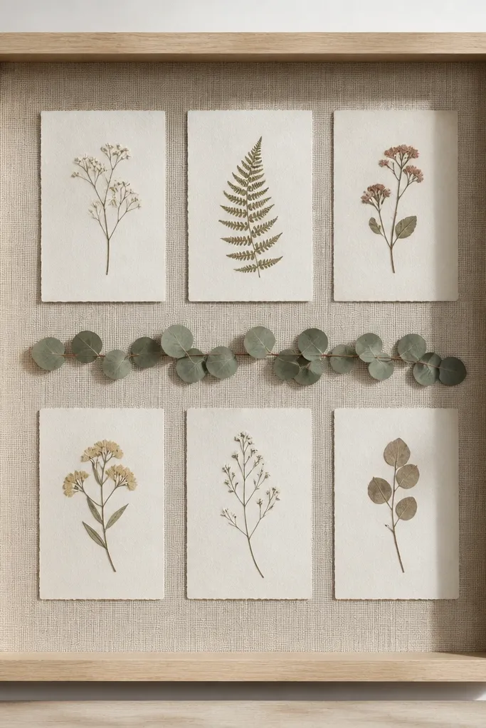 A light wood shadow box with a textured linen backing. A thin strip of pressed eucalyptus sits horizontally across the middle. Cards are mounted above and below with small spacing, and the glass shows the linen texture clearly.