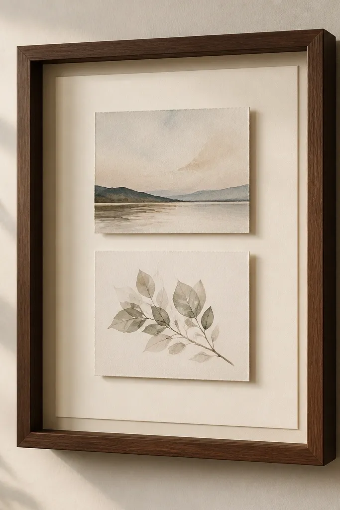 A walnut-finished shadow box mounted on a wall. Cream backing and a warm cream mat create a gentle glow. Two cards are stacked with a soft gap, and the edges cast light shadows behind them.
