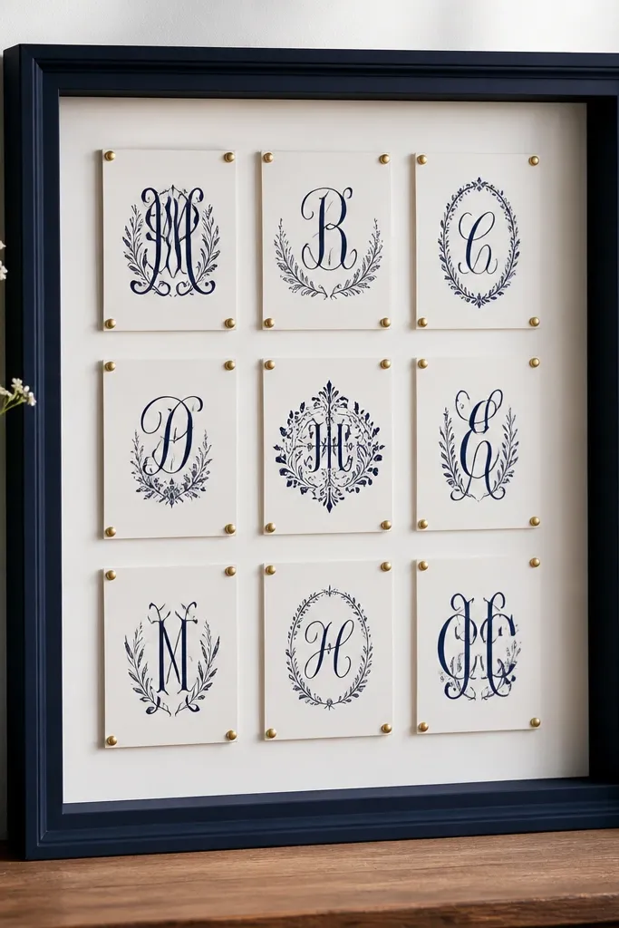 A deep navy shadow box with white backing mat. Cards with monogram designs are pinned in place using small gold pushpins at the corners. The navy makes the monograms pop.