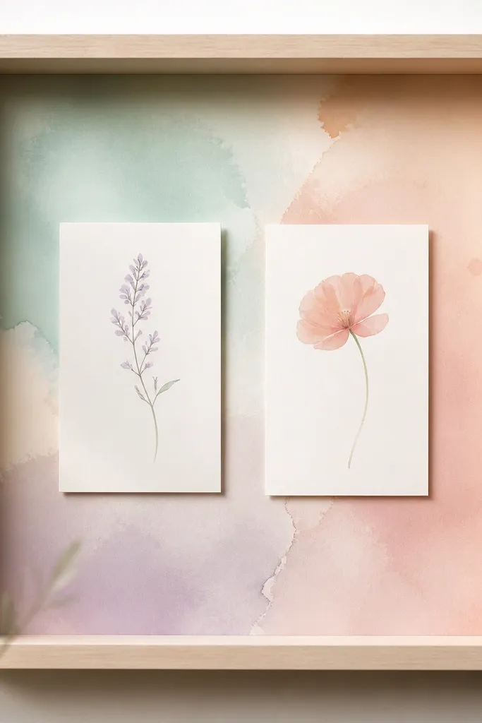 A light wooden shadow box with a watercolor-style pastel backing in mint, peach, and soft lavender. Only two cards are displayed, centered with generous negative space.