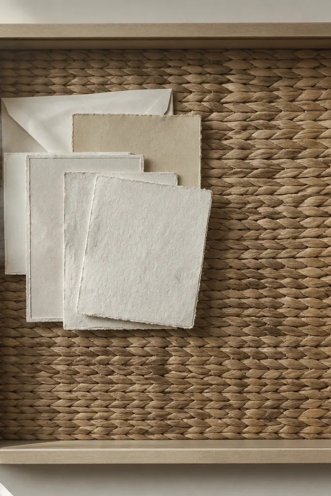 A wicker-like seagrass backing inside a shadow box. Ivory cards are layered in a small cluster at the top-left, with a few envelopes tucked behind. The woven texture is visible through the glass.