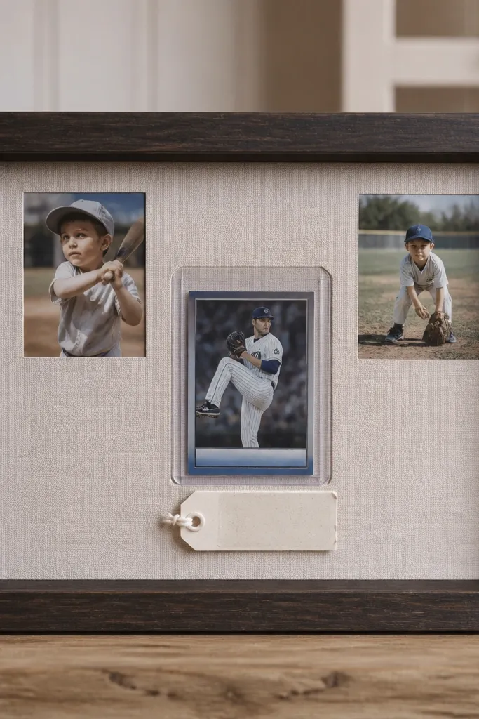 A shadow box with a split layout: two small photos at the top corners and a card window in the center. A tiny cream tag with handwritten-style text sits under the cards.