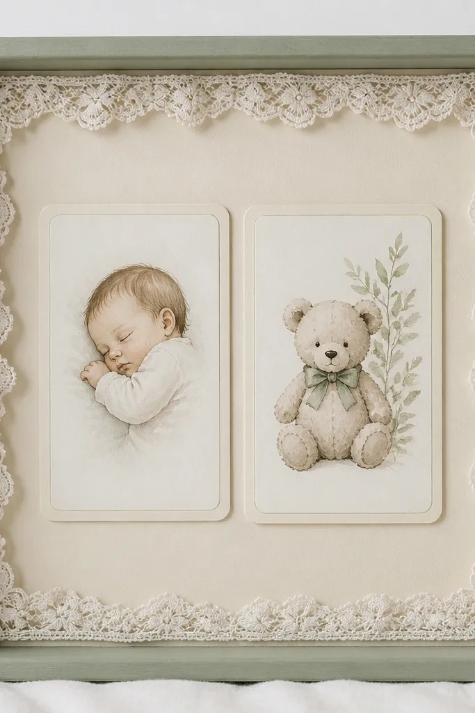 A sage green shadow box with white lace trim along the inner border. Cards are mounted in the center on a cream mat. The lace forms a soft frame around the cards.