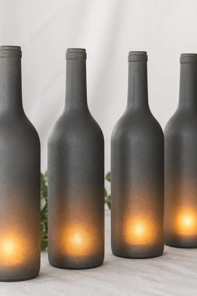 A row of dark gray spray-painted wine bottles, each with a frosted look, lit by warm white battery LED candles inside the openings. The labels are completely removed; the tops show a clean, even finish. The background is a neutral table with white linen.