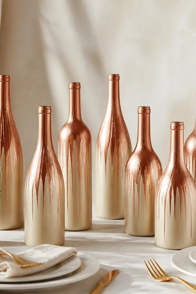 Wine bottles painted in a warm champagne base with copper drip streaks. The drips start around the upper third and taper down. The bottles are arranged in a staggered height line with gold cutlery and cream napkins.