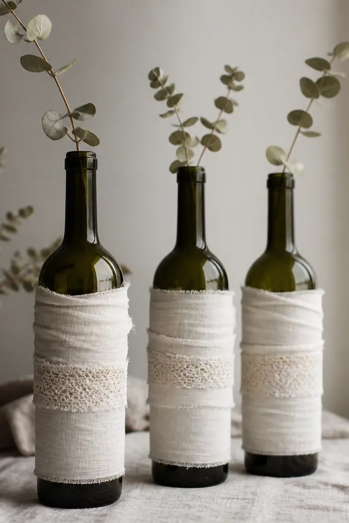 Dark green wine bottles wrapped with strips of off-white cotton fabric, with narrow bands of lace around the middle. The lace edges are visible and slightly ruffled. A small sprig of dried eucalyptus sits in each bottle opening.