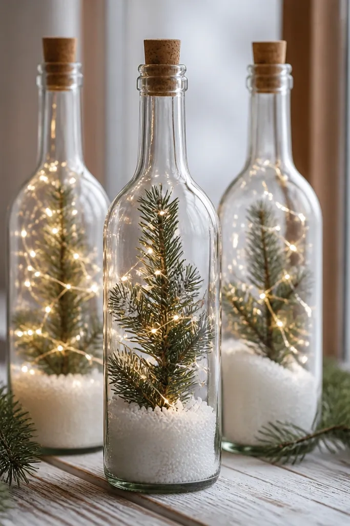 Clear wine bottles filled with tiny white foam snow and miniature pine branches, with warm fairy lights inside. The bottles are capped with a simple cork and the scene looks like a winter snow globe.