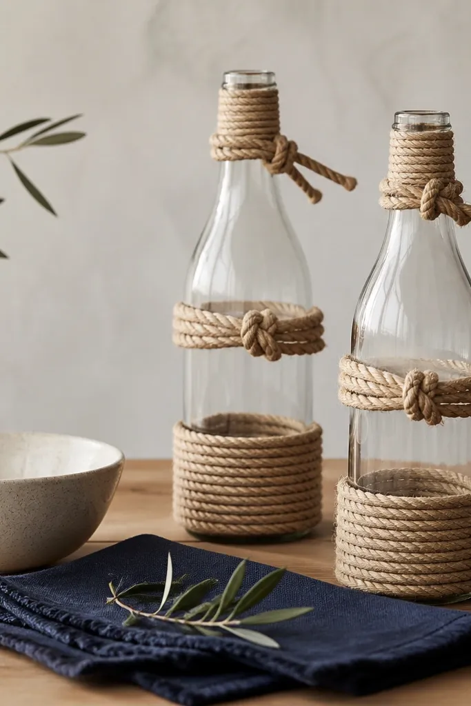Twine and thick natural rope wrapped around bottles in neat spirals. Visible knots sit at the neck and mid-body. The bottles are paired with navy napkins and a simple ceramic bowl.
