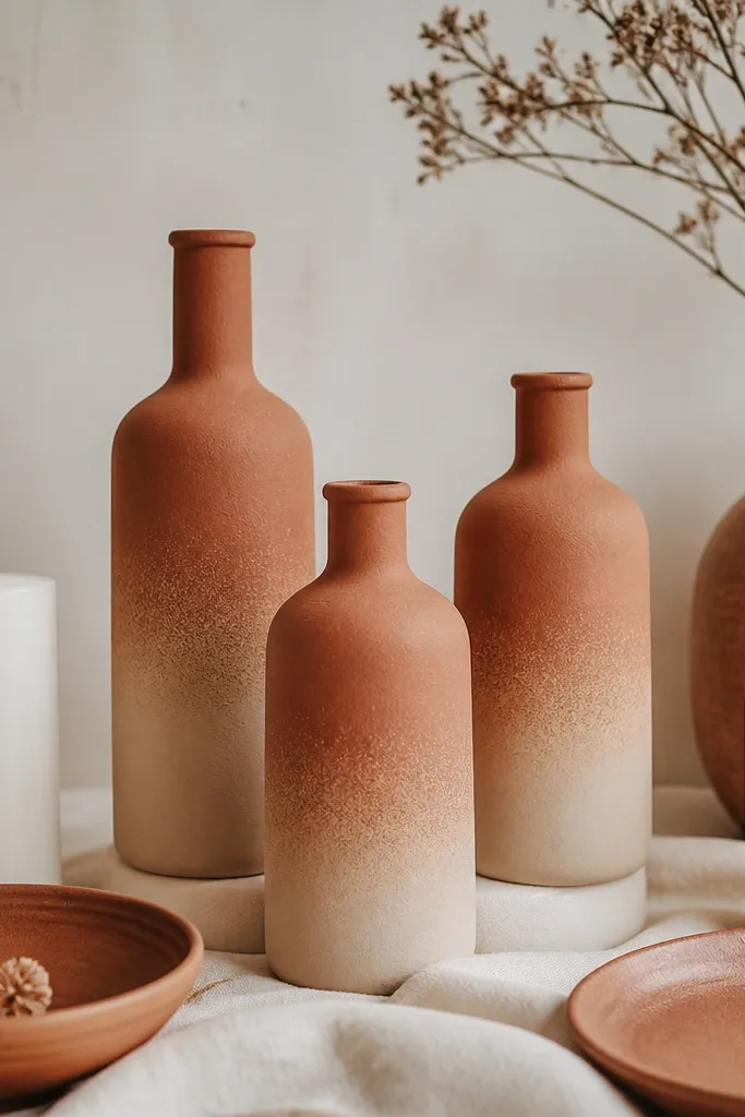 Bottles painted terracotta with a smooth ombré fade into lighter clay color. The transition edge is slightly speckled where a sponge was used. The bottles are grouped with white candles and terracotta table decor.
