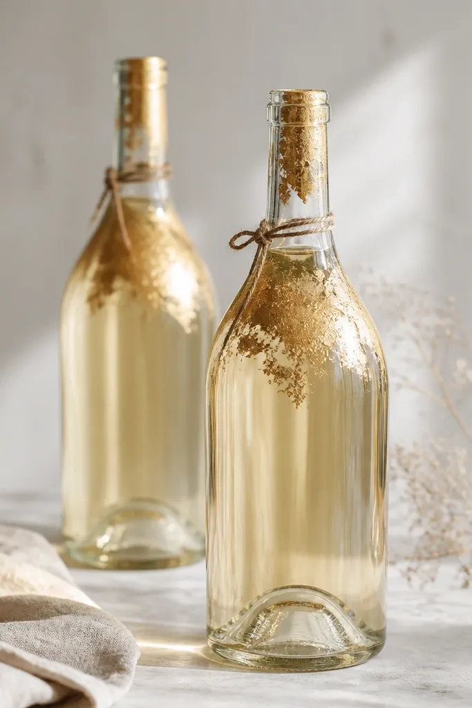 Wine bottles with small gold leaf patches on the shoulder and neck. The rest of the bottle is left clear or lightly frosted. A thin twine tie wraps around the neck with a simple knot.