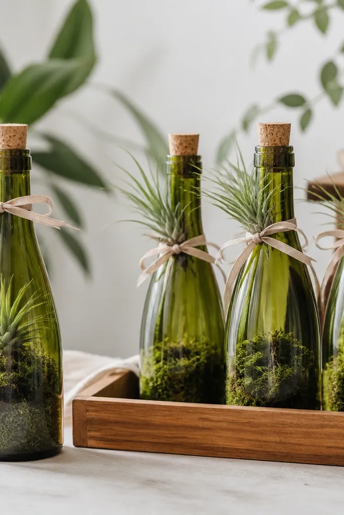 Small wine bottles turned into terrariums with a layer of moss at the bottom and an air plant perched near the neck. The bottles are capped with corks and tied with ribbon. A few are set on a wooden tray.