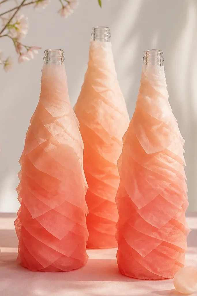 Bottles covered in layered tissue paper in a smooth ombré from pale peach at the top to deeper coral at the bottom. The tissue edges look soft and slightly translucent. The bottles sit on a pastel table.