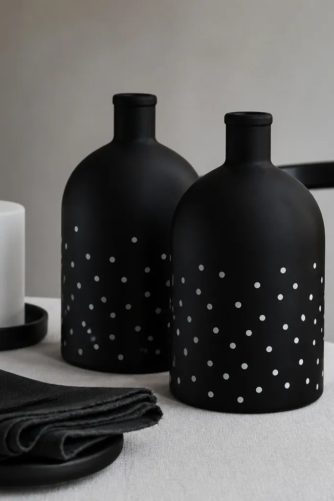 Matte black bottles with small white dot decals arranged in a loose pattern around the lower half. The bottles look modern and graphic. A white candle and black napkins sit nearby.