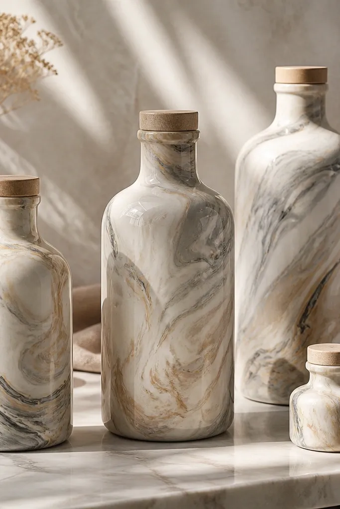 Bottles coated with a marble effect in soft creams, gray swirls, and a hint of warm beige. The finish has glossy depth, and swirls are visible across the bottle sides.