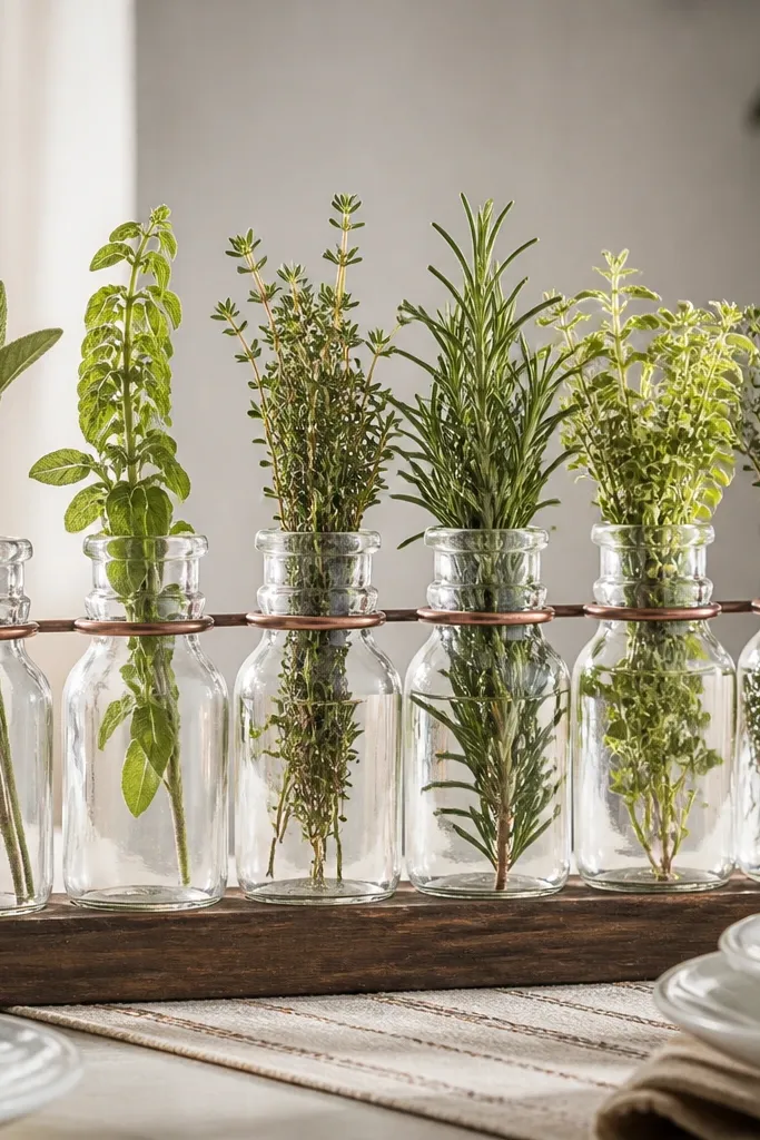Bottles filled with fresh herbs like rosemary and thyme, held upright by a copper wire ring around the neck. The bottles are left clear with clean labels removed. The setup looks like a functional centerpiece.
