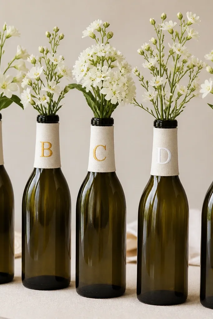 Wine bottles wrapped in plain fabric bands at the neck, each band has a monogram letter in white or gold heat-transfer vinyl. The bottles hold small white blooms.