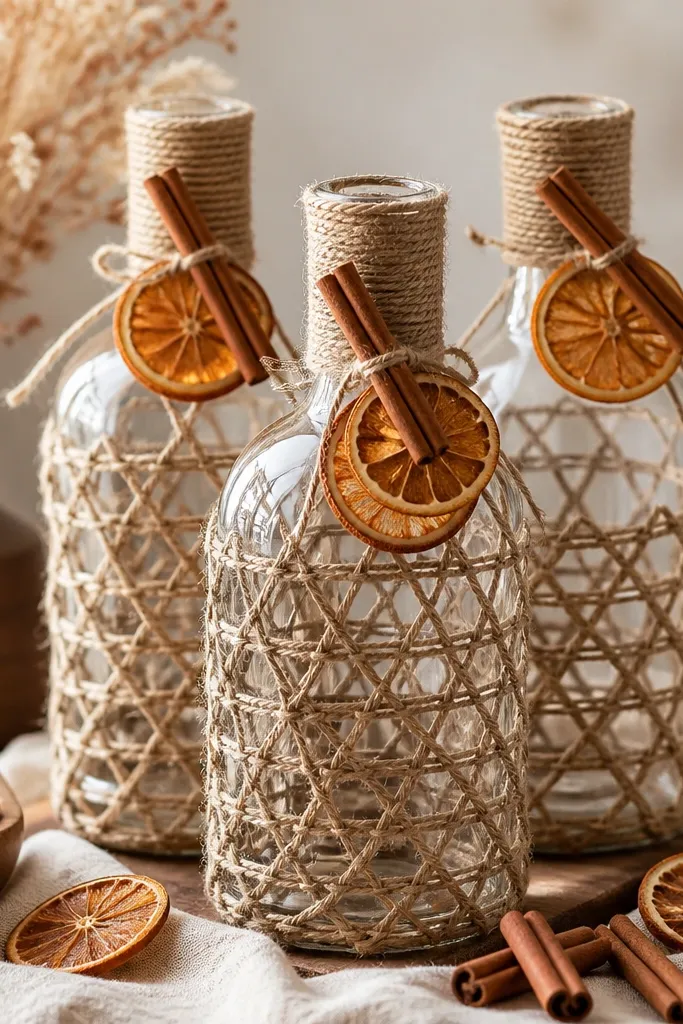 Bottles wrapped in hemp rope with dried orange slices and cinnamon sticks tucked near the neck. The bottles are clear and label-free. The decor has warm autumn tones and a subtle spice look.