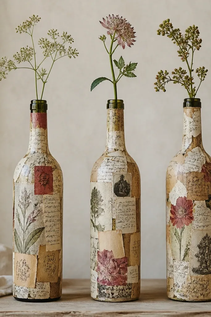 Wine bottles covered with overlapping vintage label snippets and small paper cutouts, like a collage. The colors are muted creams, browns, and faded reds. The bottle openings are left clear for a small floral stem.