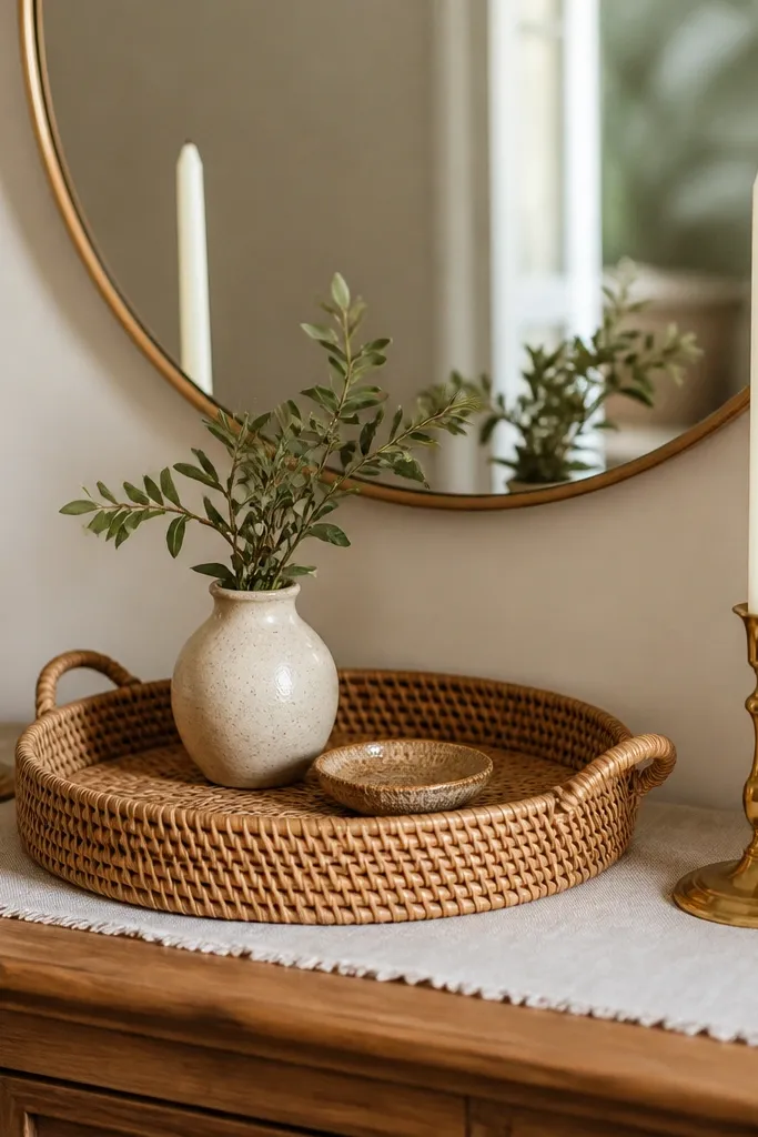 A round rattan tray placed on a console in front of a mirror; two tall white taper candles in brass holders sit symmetrically, with a small linen runner tucked beneath the tray.
