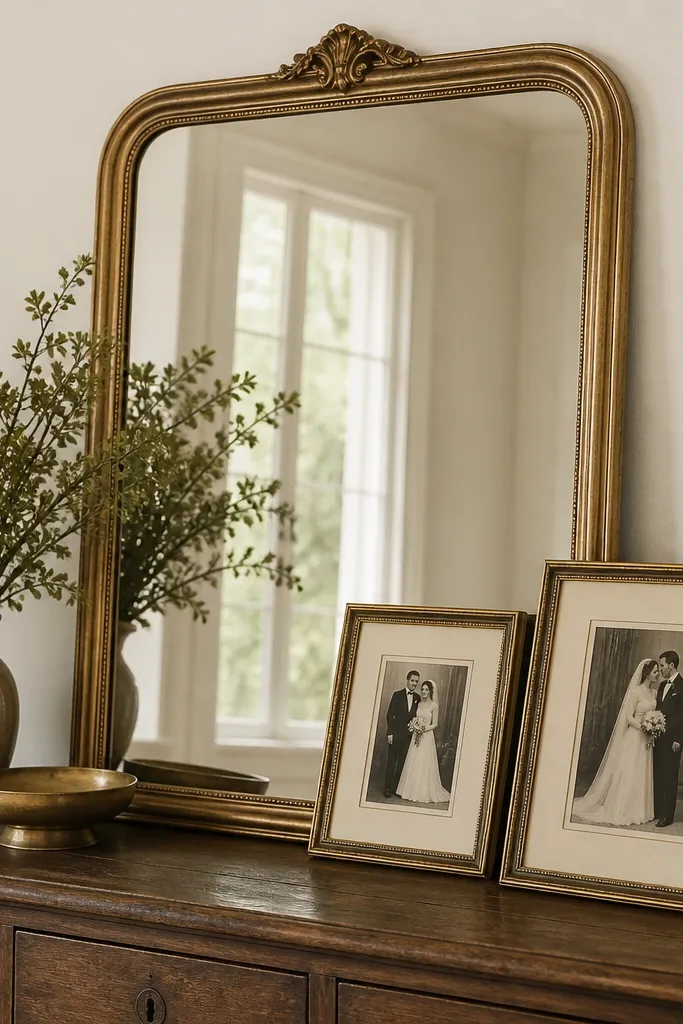 A mirror with two small vintage-style frames leaning at slight angles on the console; the frames have cream mats and simple black-and-white wedding couple photos.