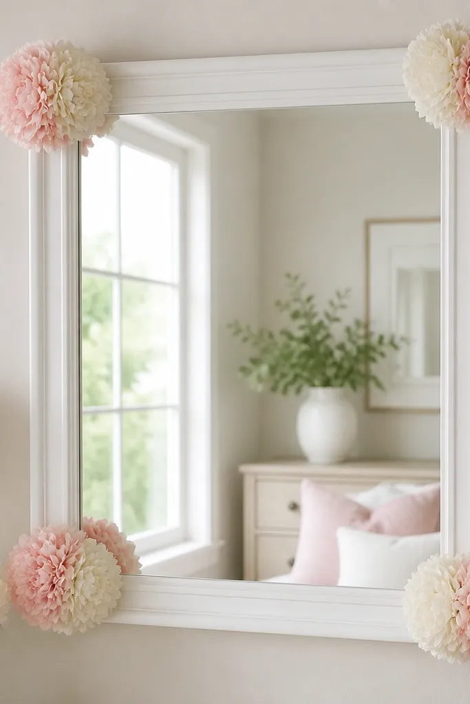 A white-framed mirror with four small faux peony pom poms tucked into each corner using clear adhesive hooks; the flowers look like round clustered blooms in blush and cream.