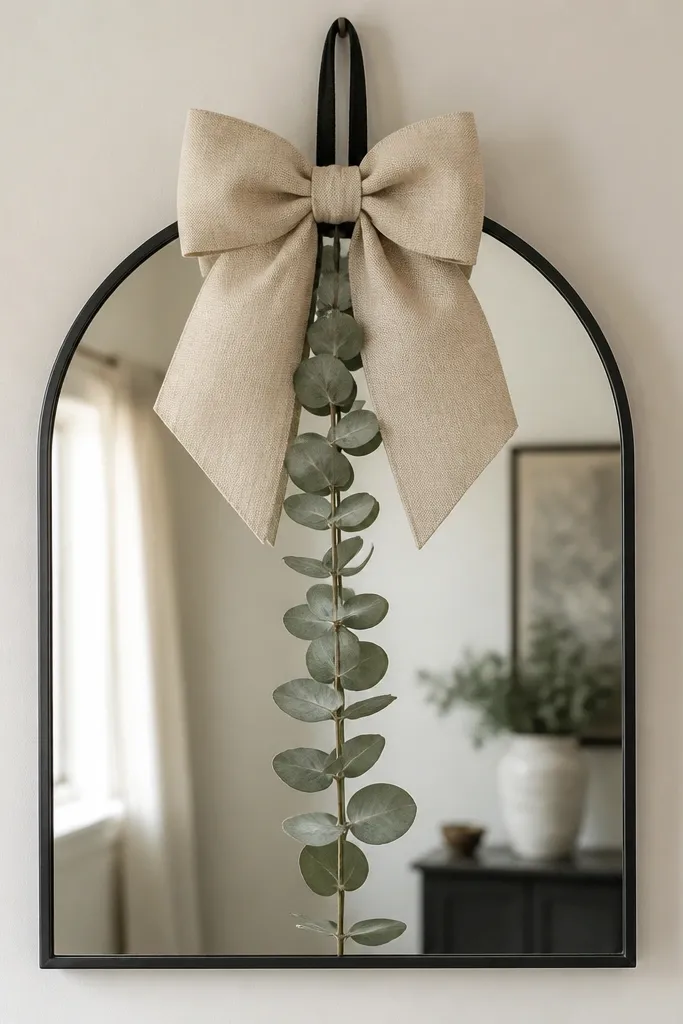 A mirror with a single eucalyptus spray wired vertically behind the center; a large linen bow sits at the top, tied around a thin black ribbon loop.