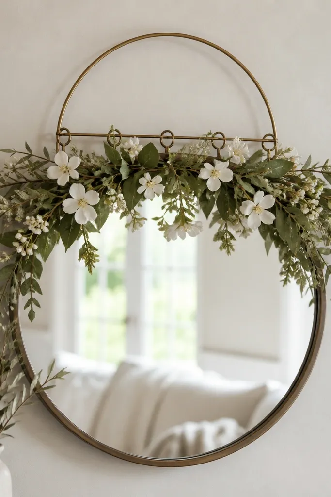 A mirror with a wire wreath ring attached to the top; different interchangeable garland pieces hang from the ring, shown as a current arrangement of green stems and white blossoms.