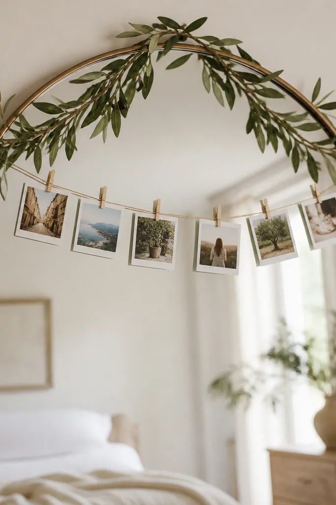 A mirror with a thin olive branch garland draped across the top; small cream clothespins hold mini photos along a string underneath.