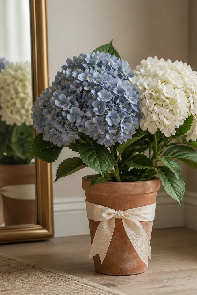 A terracotta pot placed on the floor or console next to a mirror; two faux hydrangea clusters in dusty blue and white rise above with a simple cream ribbon wrap on the pot.