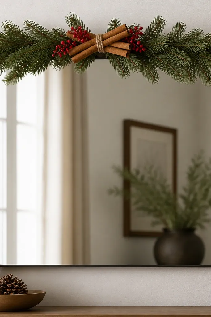 A mirror with a horizontal strip of faux pine along the top; cinnamon sticks and small red berry picks are tied with twine at the center.