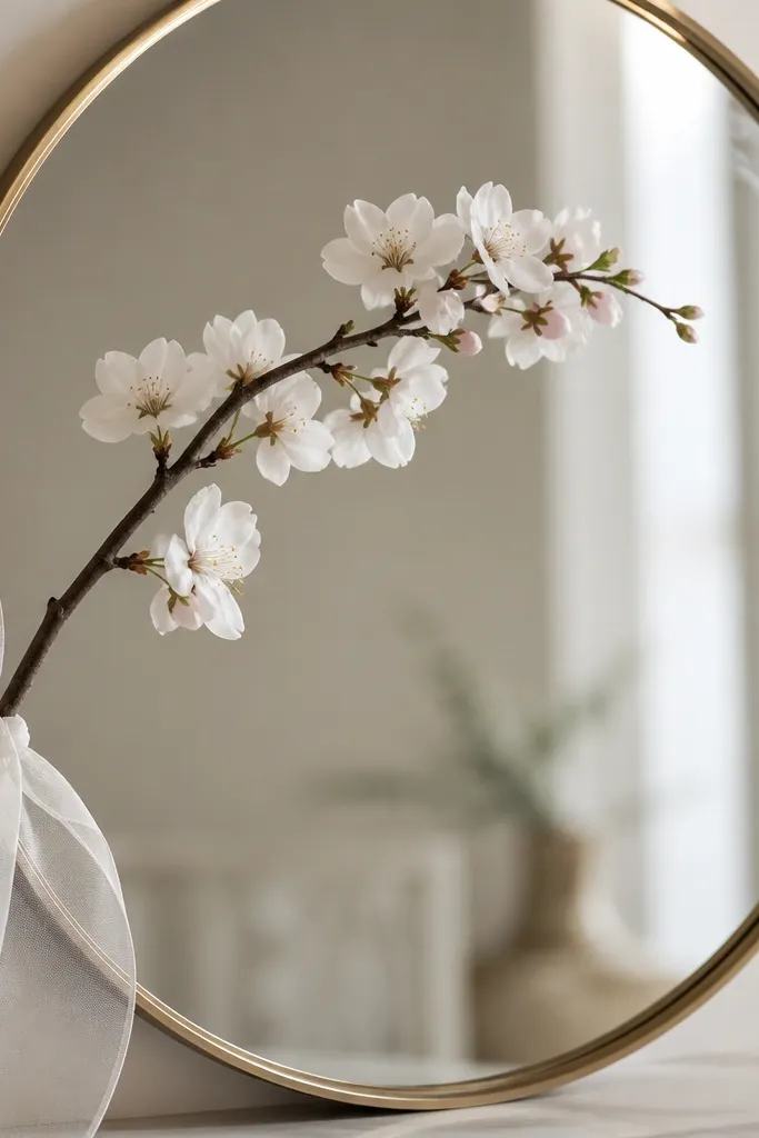 A mirror with a single white cherry blossom branch arcing from the left side to the center; tiny pink buds peek at the tips, with a sheer white ribbon tied near the base.