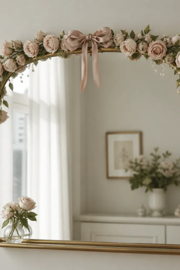 A mirror with a narrow ledge or shelf; a soft blush rose garland drapes across the top edge with a few pearls woven in, and the center has a small bow.