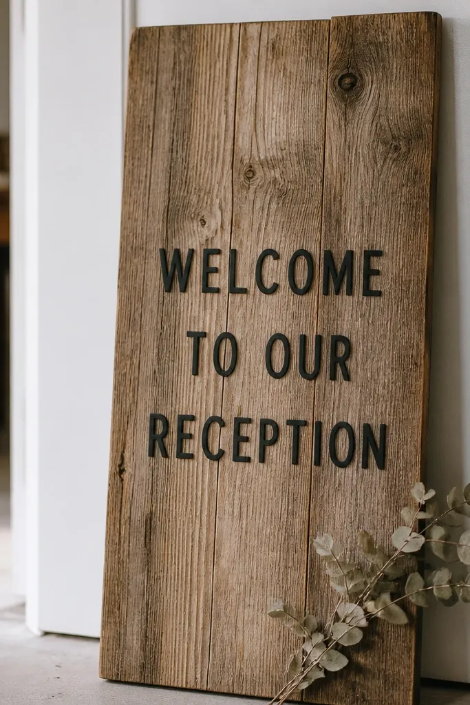 A tall reclaimed wood plank with visible grain and knots. The words "Welcome to our reception" are cut from matte black vinyl, centered, with clean uppercase letters. A small sprig of dried eucalyptus sits at the bottom corner.