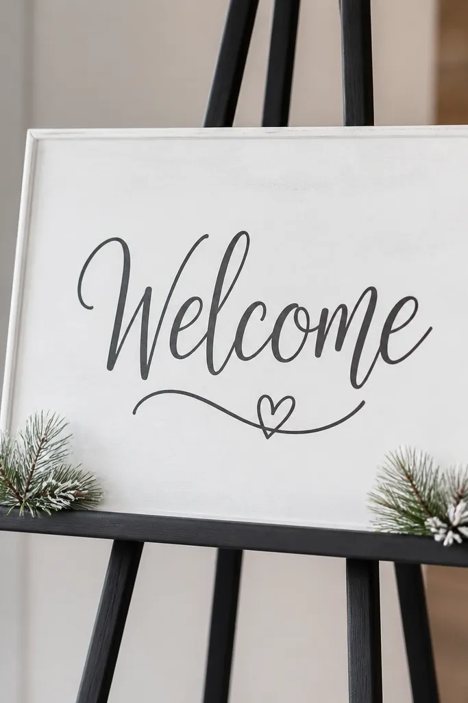 A small chalkboard painted snowy white on a black easel. The welcome text is written in crisp hand-lettering with a chalk marker. Two tiny pine sprigs with white tips sit on the chalk tray ledge.