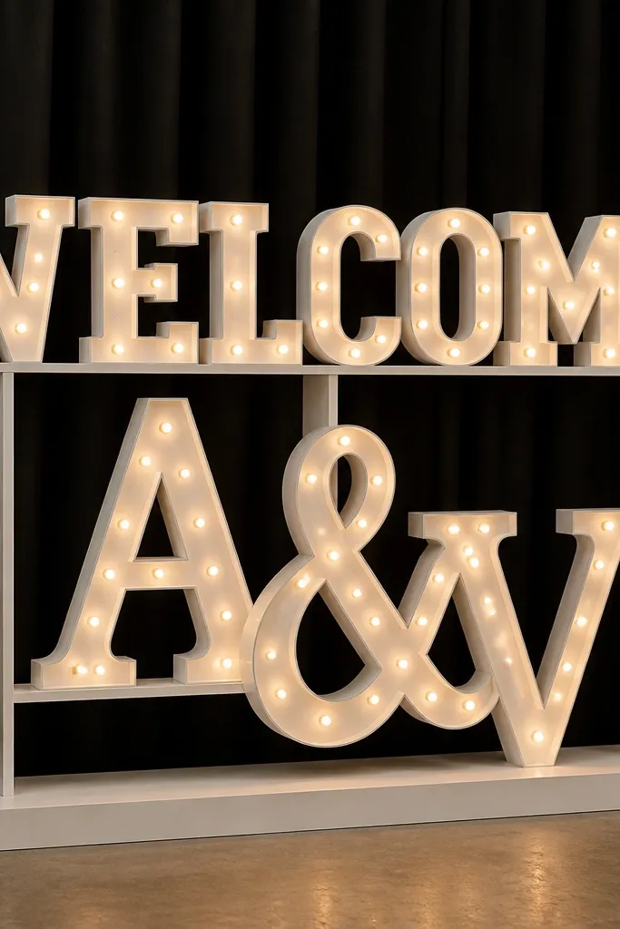 A white marquee-style sign with LED bulbs forming the word "WELCOME" and a centered monogram. The background is a dark curtain. Soft warm bulb glow fills the letters.