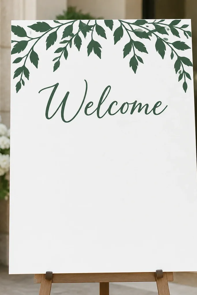 A clean white board with a faux garland printed or cutout at the top edge, plus the words "Welcome" in dark green vinyl. The design uses leaf silhouettes without real greenery.