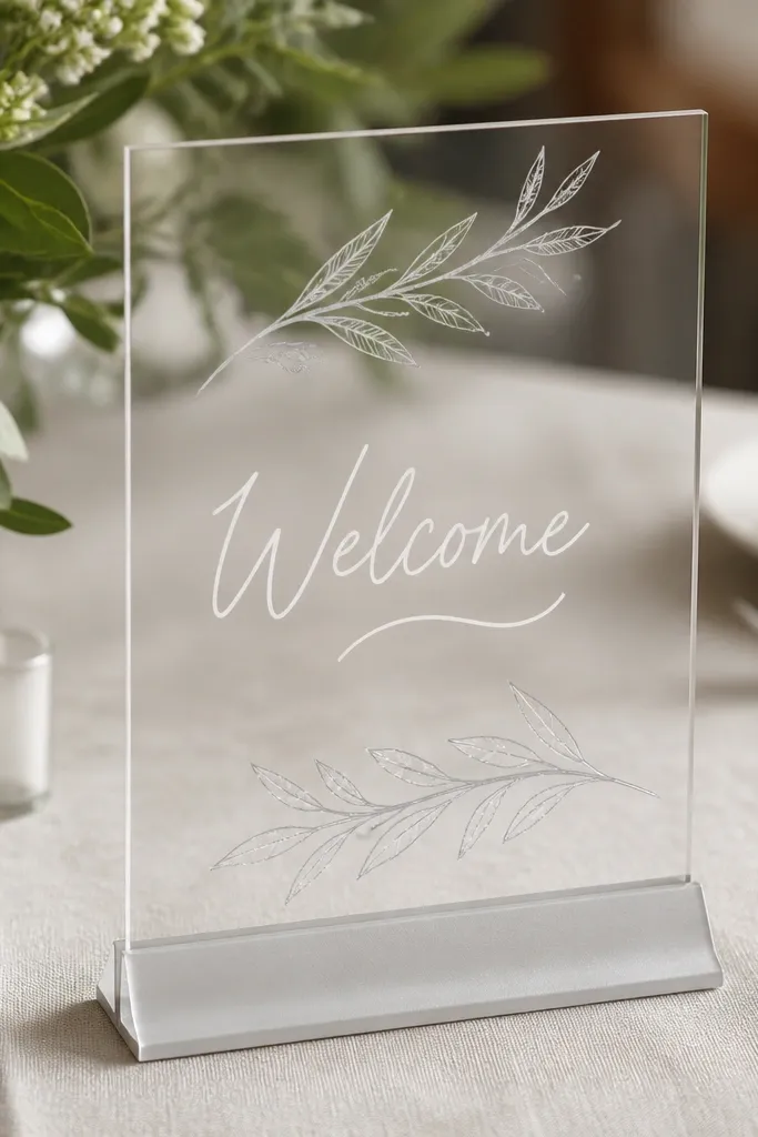 A clear acrylic sign holder with a frosted base panel. The welcome text looks like chalk, in white and light gray vinyl. The background is a soft linen-colored tablecloth.