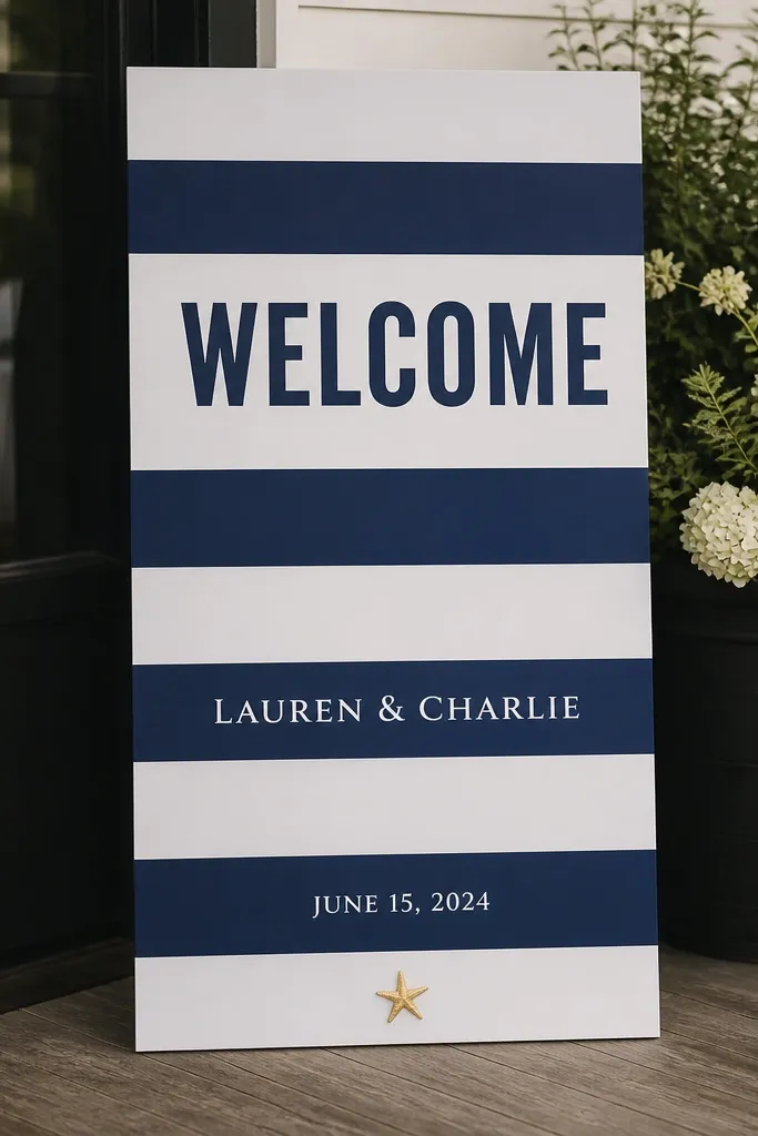 A tall striped poster board with navy and white horizontal stripes. The word "WELCOME" is in thick navy letters, and the couple's names are in smaller white text. A small star sticker sits under the date.