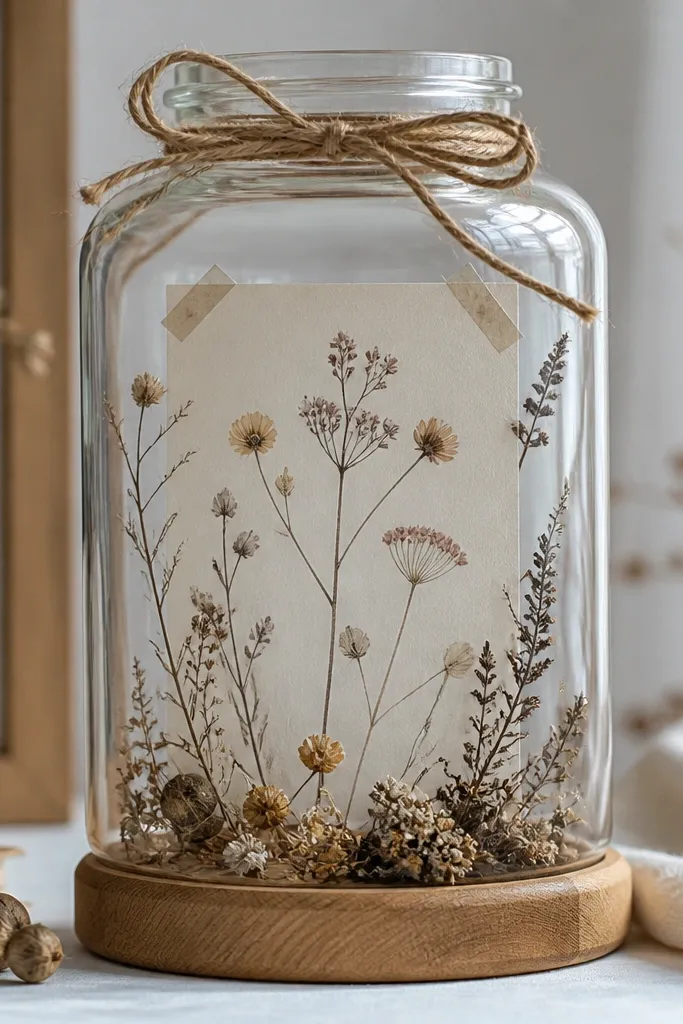 A clear jar on a wooden base with a printed welcome card taped inside. Dried stems and small seed pods sit around the card. The jar has a rustic twine bow at the top.
