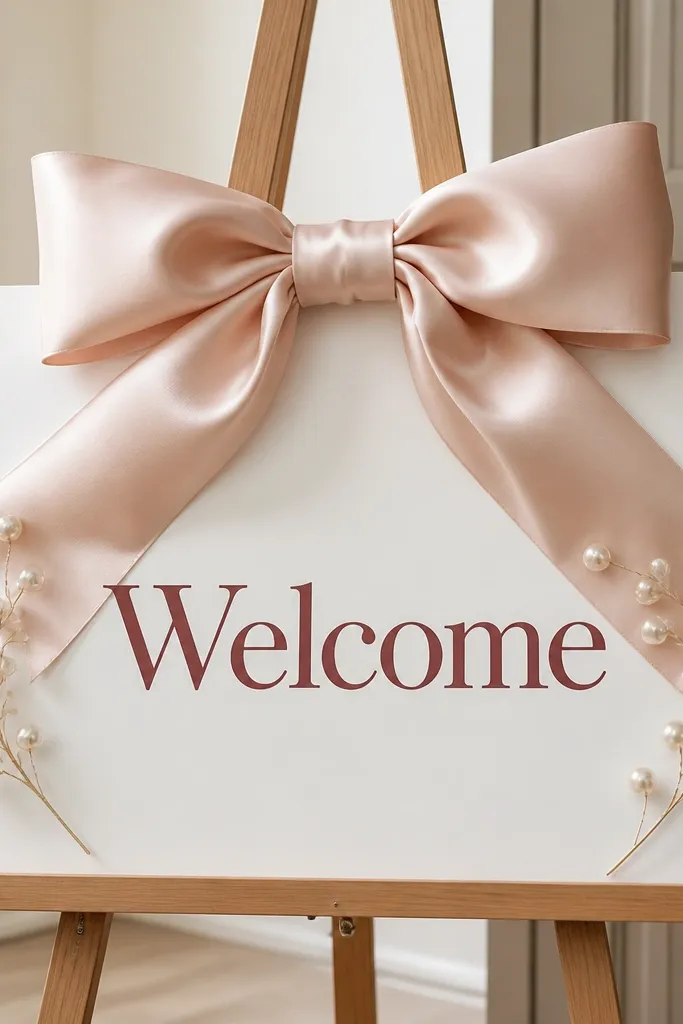 A white foam board sign with a huge blush satin ribbon bow on top. The word "Welcome" is in deep rose vinyl centered below the bow. Small faux pearl sprigs sit at each side.
