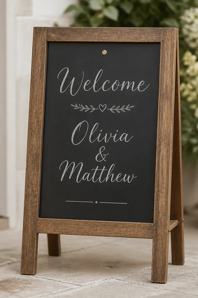 A freestanding wooden sign frame holding a removable chalkboard insert. The insert shows "Welcome" and the couple's names, with a blank line where the date can change. A small pin holds the insert in place.