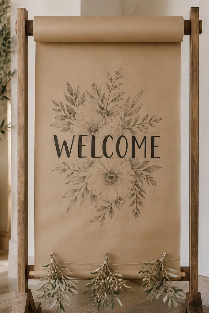 A kraft paper roll stretched vertically on a wooden frame. A stencil of monochrome florals sits behind the word "WELCOME." The lettering is in black paint, and small dried olive sprigs hang at the bottom.