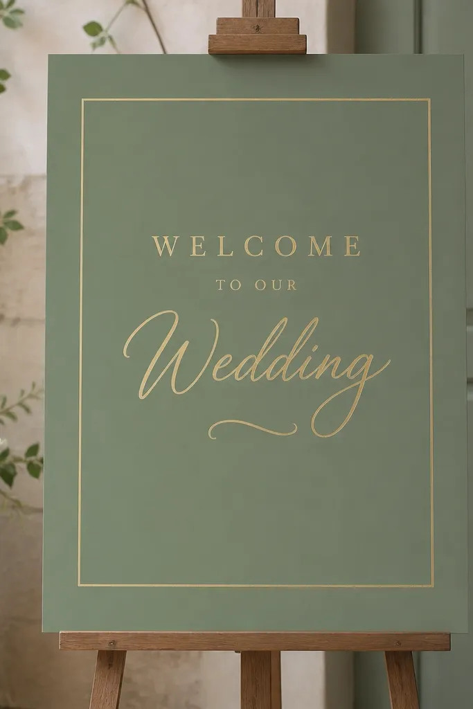 A matte sage green board with gold foil vinyl lettering. The welcome text is centered and includes a thin line border. The edges of the board are clean and straight.