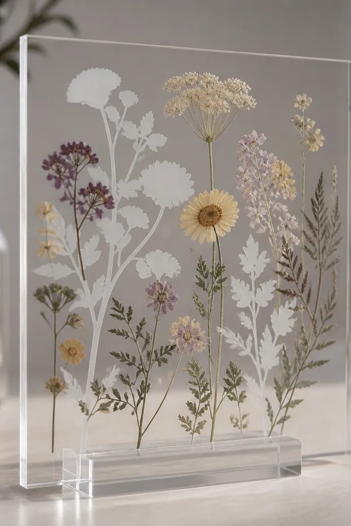A clear acrylic panel with a pressed flower silhouette behind frosted lettering. The flowers look flattened and sealed, not 3D. The panel is mounted on a clear stand.