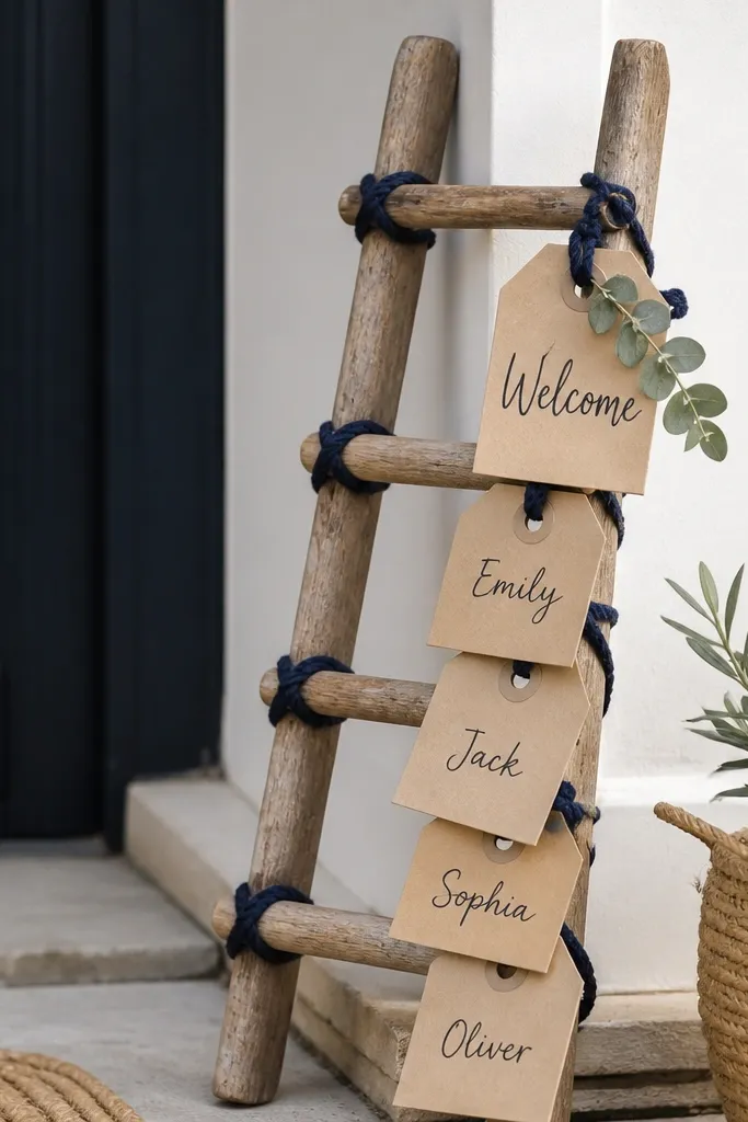 A small wooden ladder at the entrance with navy rope tied around rungs. Several kraft tags hang with "Welcome" and names written in black. A tiny sprig of eucalyptus decorates the top tag.
