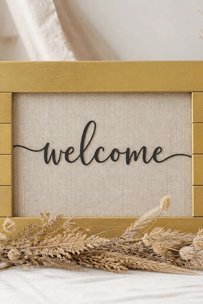 A wooden slat sign painted muted gold with a linen backing behind it. The welcome text is cut from vinyl and placed over the linen. Small dried grasses sit along the bottom edge.