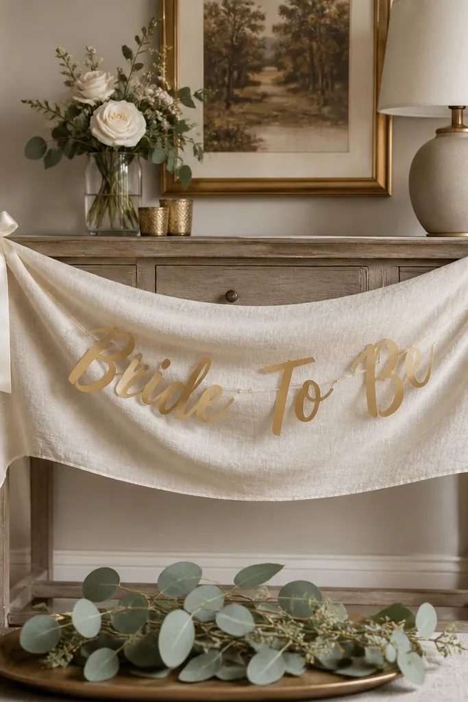 A warm ivory linen drape hangs across a small entry table, with a champagne-gold "Bride To Be" banner in cutout letters. Cream ribbon ties the drape at the corners, and a few faux eucalyptus sprigs sit in front on a tray.